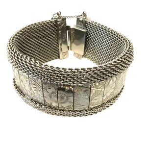 HOBE VTG Signed Wide Floral Etched Mesh Bracelet Silver Tone Statement Art Deco